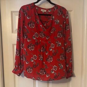 LOFT Red and Black Floral Blouse